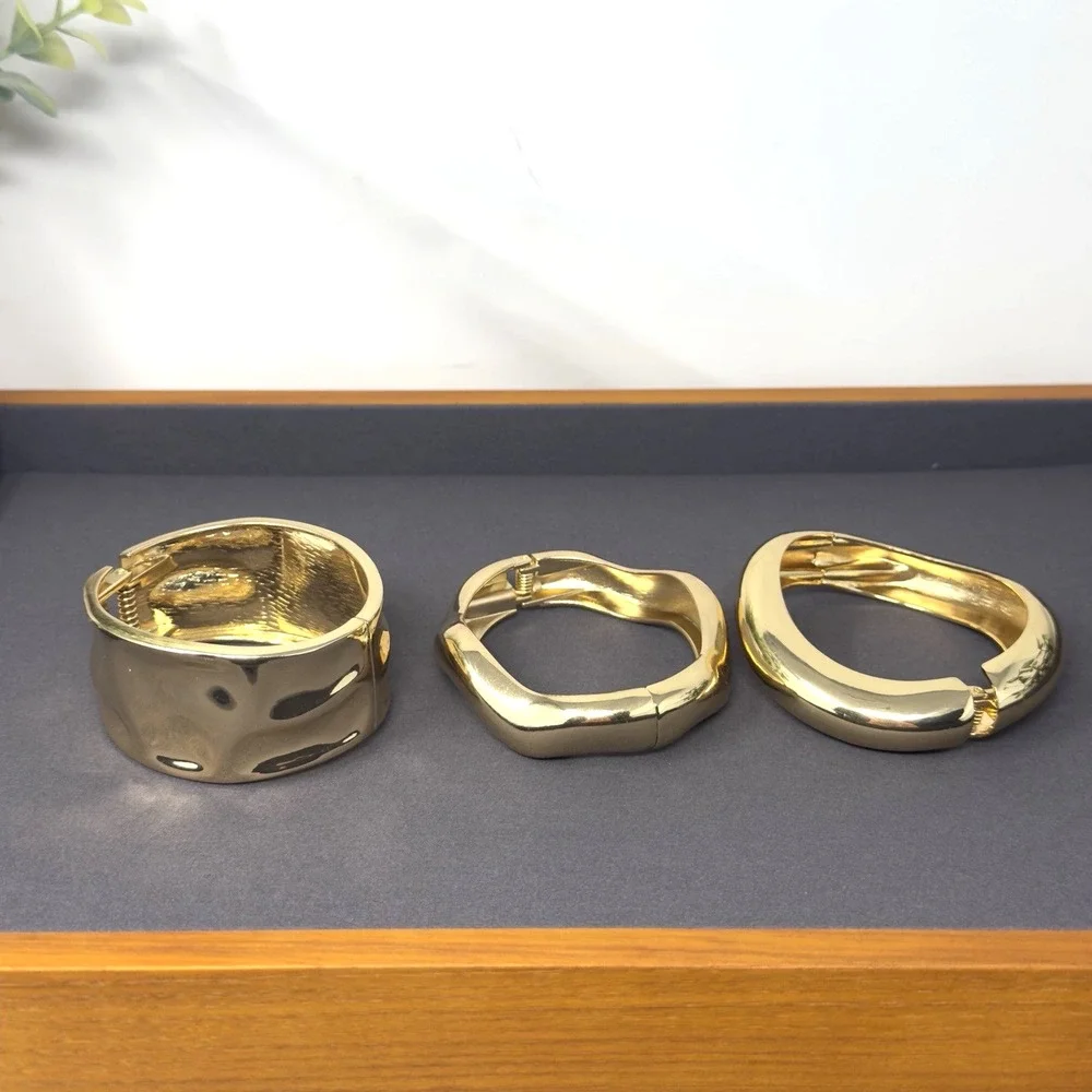Lot Of 3 Gold Tone Cuff And Bangle Bracelet Statement Boho Runway Minimal